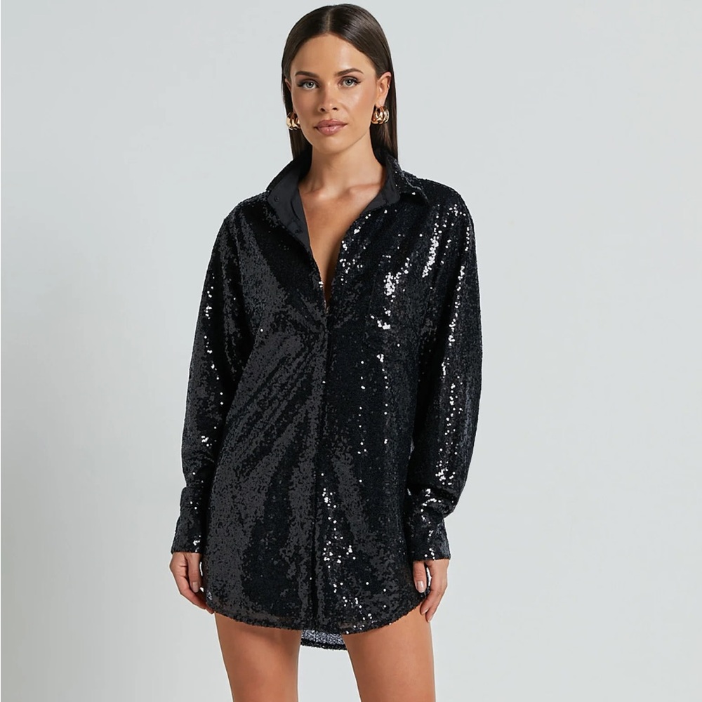 Black Sequin Shirt Dress